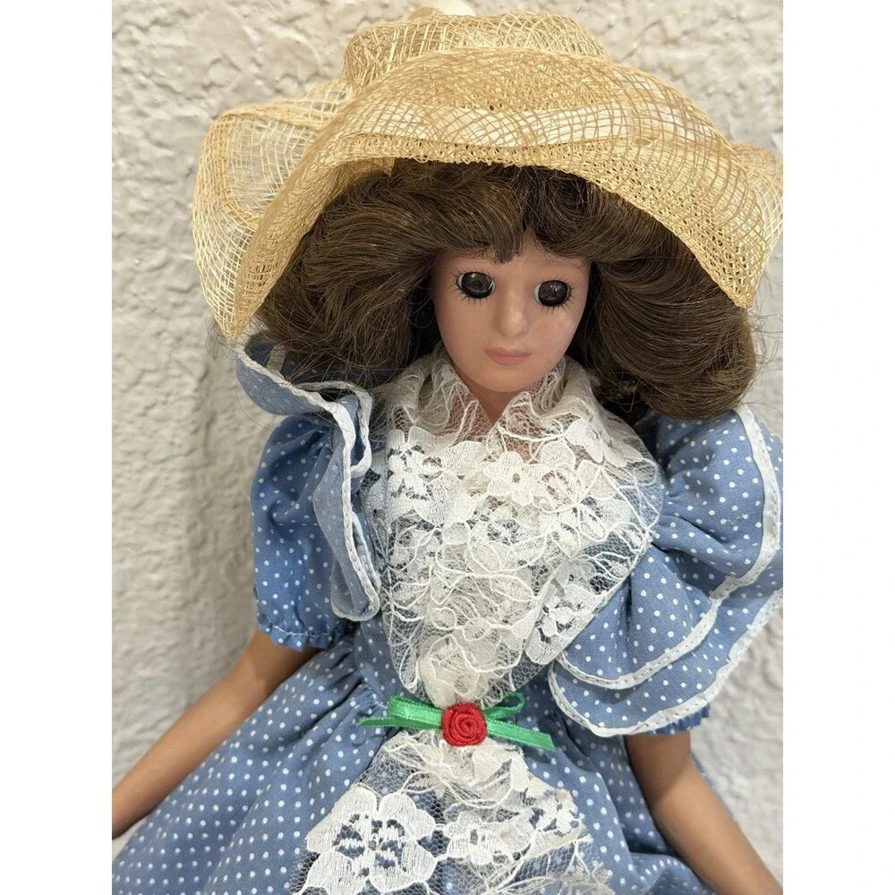 Vintage Porcelain Doll Blue Polka Dot Lace Dress Straw Hat Brunette Display